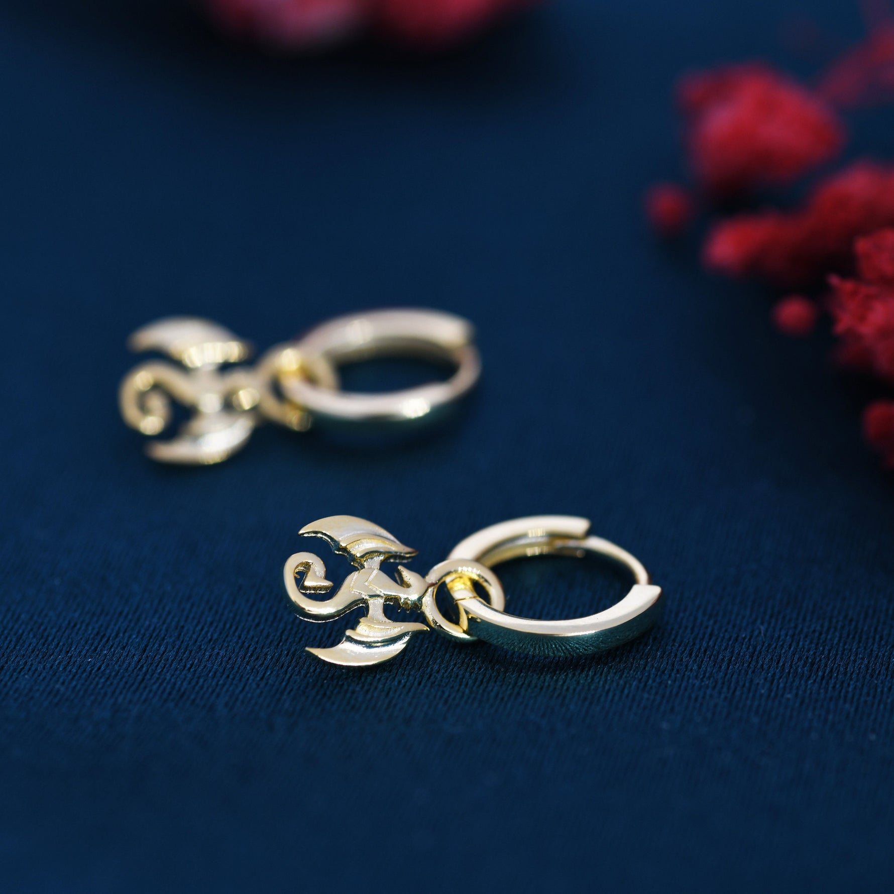 Dragon Huggie Hoop in Sterling Silver, Silver or Gold, Dagon Dangle Hoop Earrings, Detachable and Interchangeable