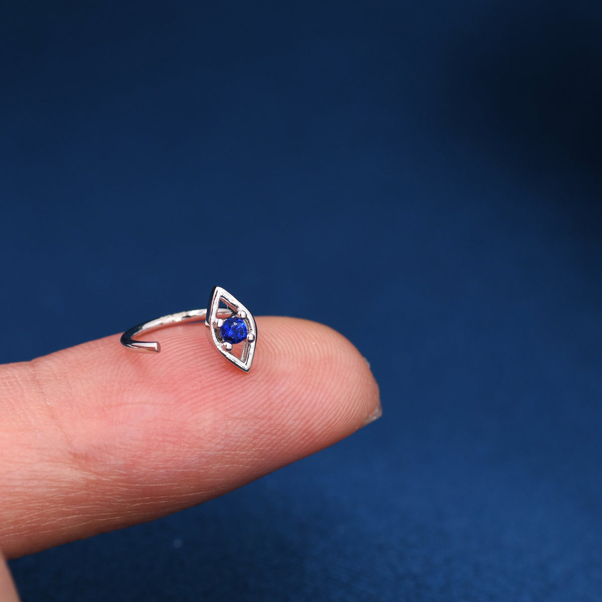 Evil Eye Sapphire Blue CZ 18G Open Hoop Earrings