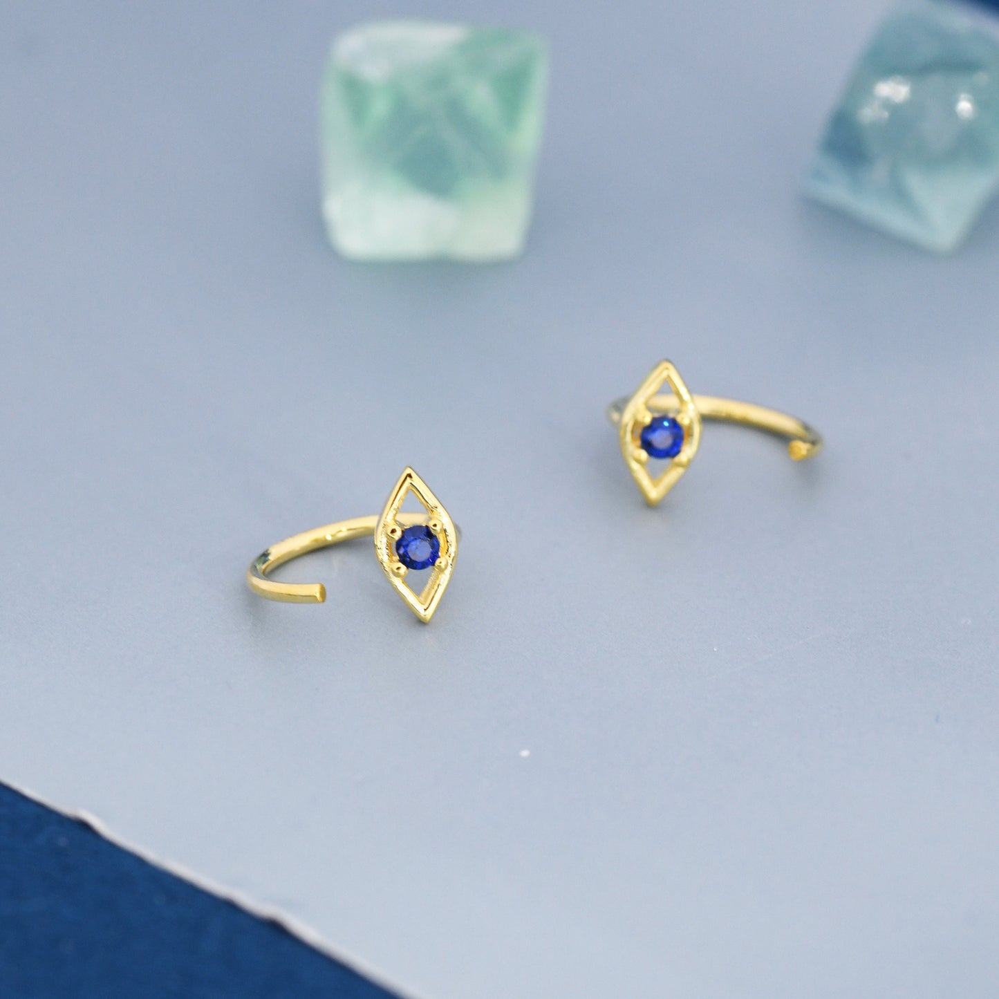 Evil Eye CZ Huggie Hoop Earrings in Sterling Silver, Silver or Gold, Open Threader, Threader Hoop, Open Hoops, C shape Earrings