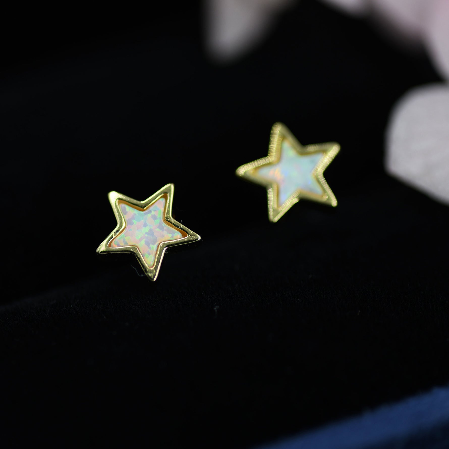 Opal Star Stud Earrings in Sterling Silver - Simulated Opal Stud Earrings - Silver Gold and Rose Gold - Geometric Minimalist