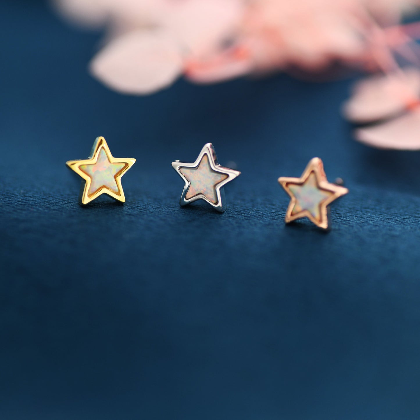 Opal Star Stud Earrings in Sterling Silver - Simulated Opal Stud Earrings - Silver Gold and Rose Gold - Geometric Minimalist