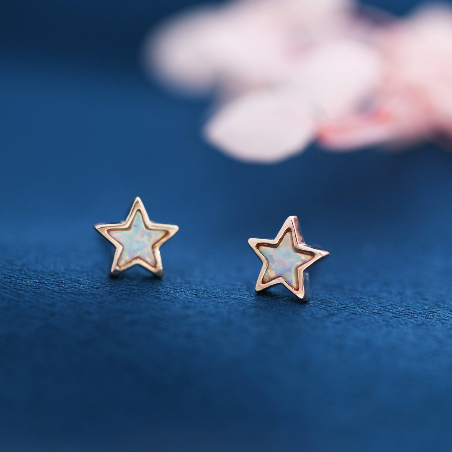 Opal Star Stud Earrings in Sterling Silver - Simulated Opal Stud Earrings - Silver Gold and Rose Gold - Geometric Minimalist
