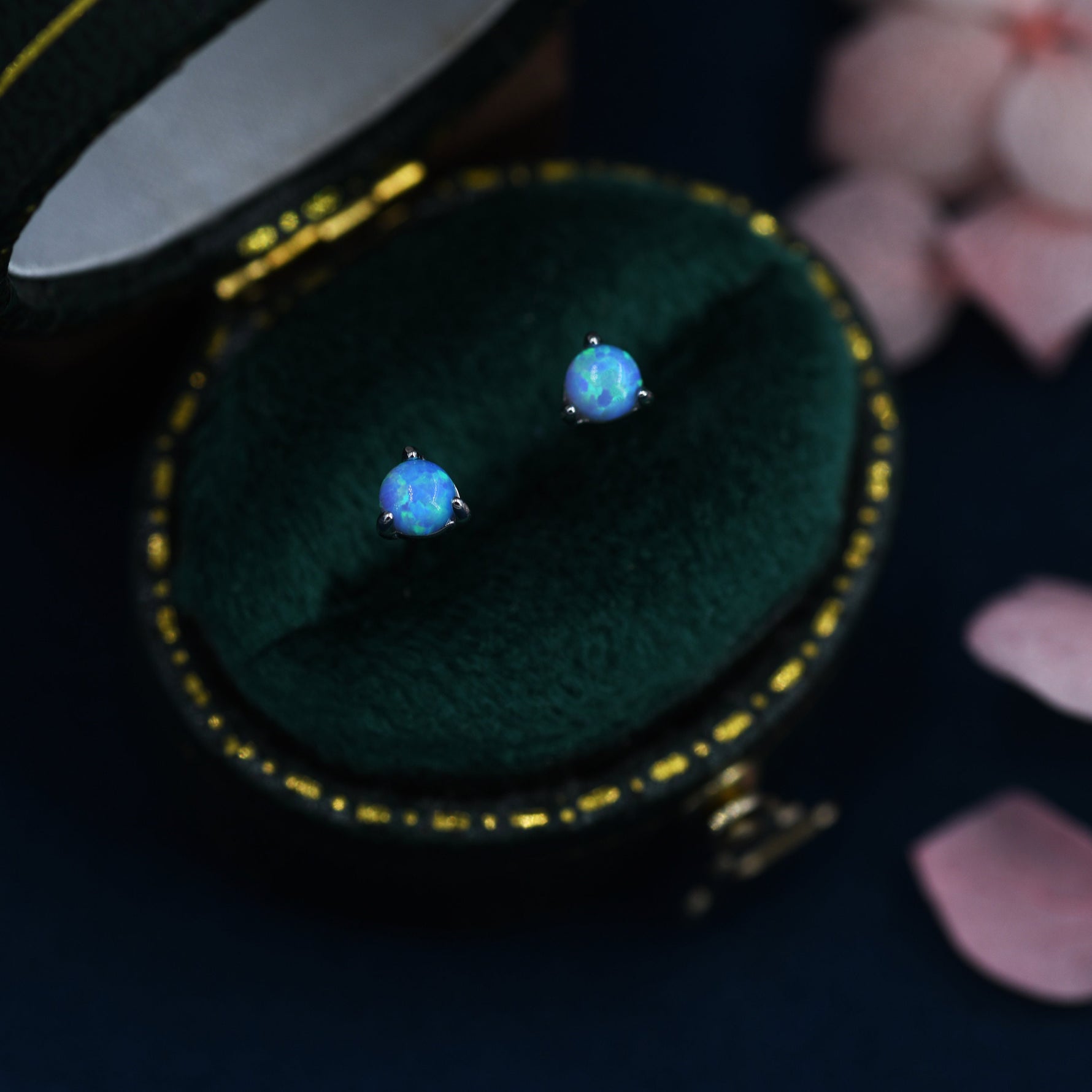 Sterling Silver Tiny Little Blue Opal Stud Earrings, 3mm Opal Stud, Gold or Silver, Lab Opal, Three Prong, Semi-precious Jewellery