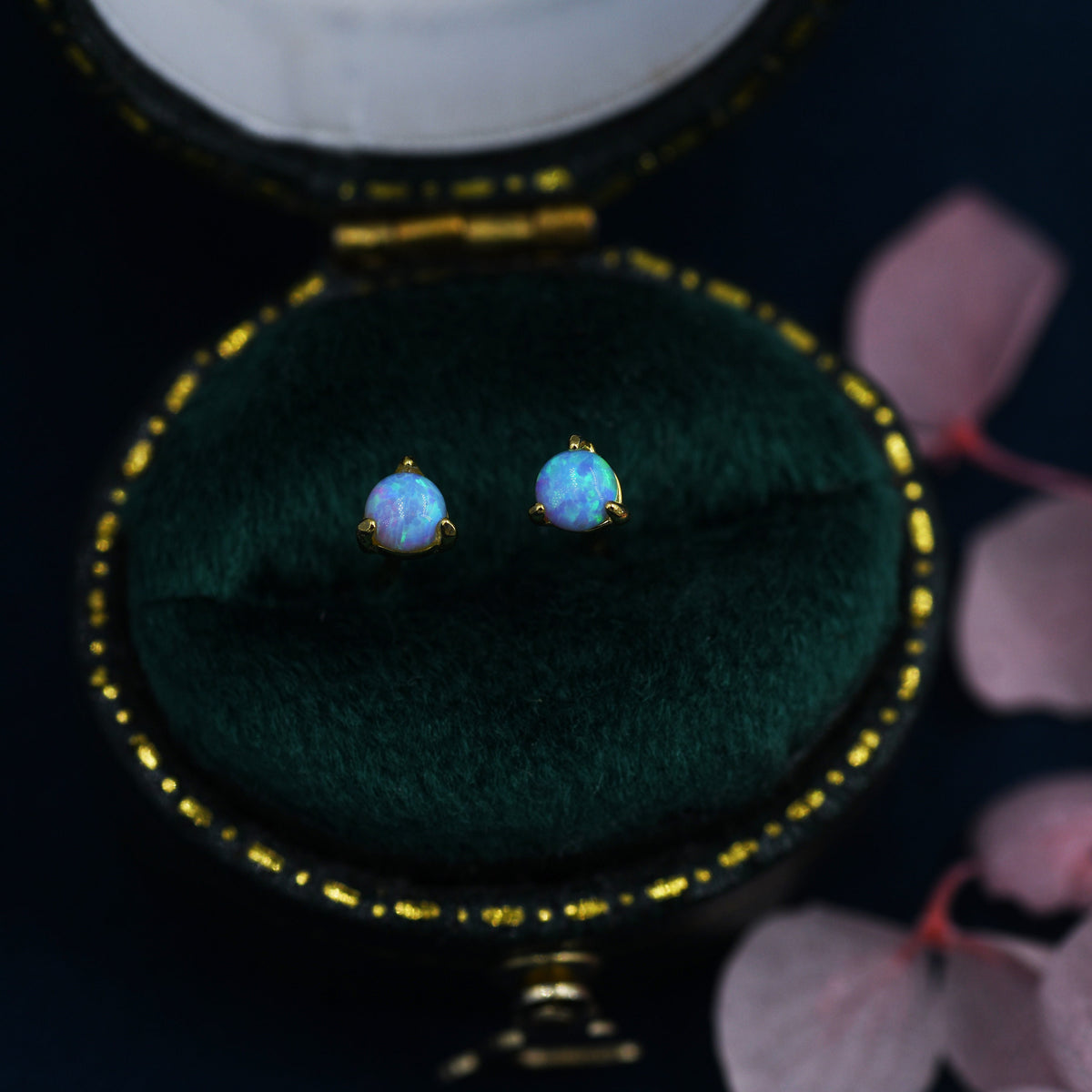 Sterling Silver Tiny Little Blue Opal Stud Earrings, 3mm Opal Stud, Gold or Silver, Lab Opal, Three Prong, Semi-precious Jewellery