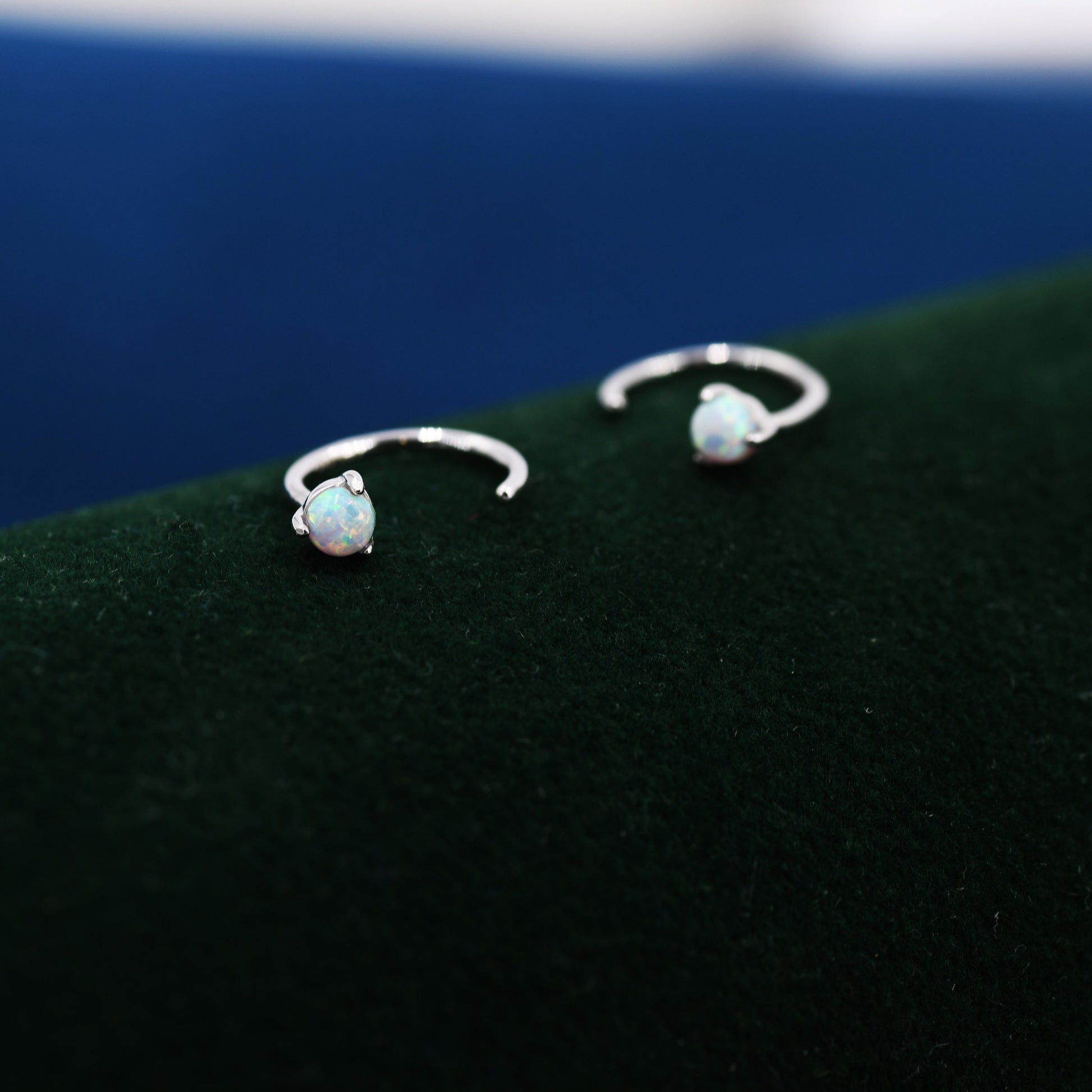 Minimalist Opal Huggie Hoop Threader Earrings in Sterling Silver, 3mm Three Prong, Gold or Silver, Pull Through Open Hoops, Fire Opal