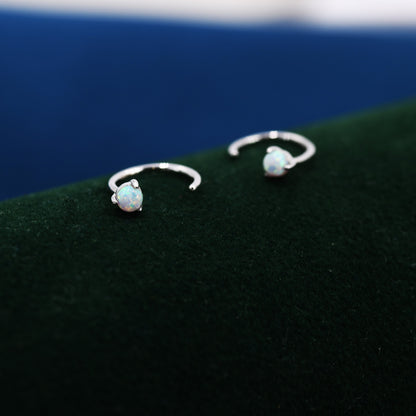 Minimalist Opal Huggie Hoop Threader Earrings in Sterling Silver, 3mm Three Prong, Gold or Silver, Pull Through Open Hoops, Fire Opal