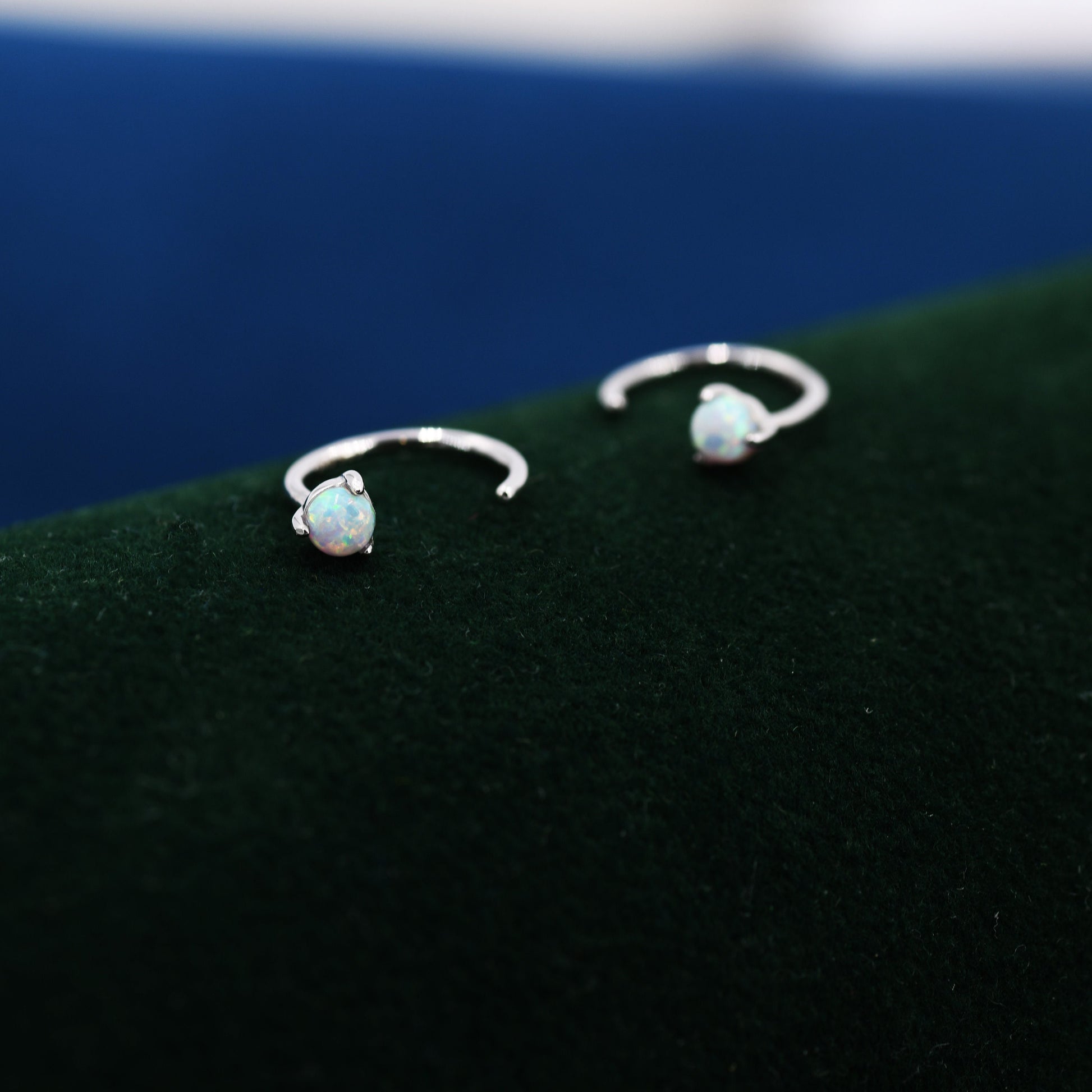 Minimalist Opal Huggie Hoop Threader Earrings in Sterling Silver, 3mm Three Prong, Gold or Silver, Pull Through Open Hoops, Fire Opal