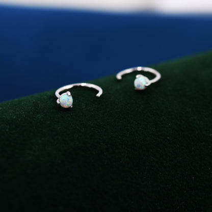 Minimalist Opal Huggie Hoop Threader Earrings in Sterling Silver, 3mm Three Prong, Gold or Silver, Pull Through Open Hoops, Fire Opal