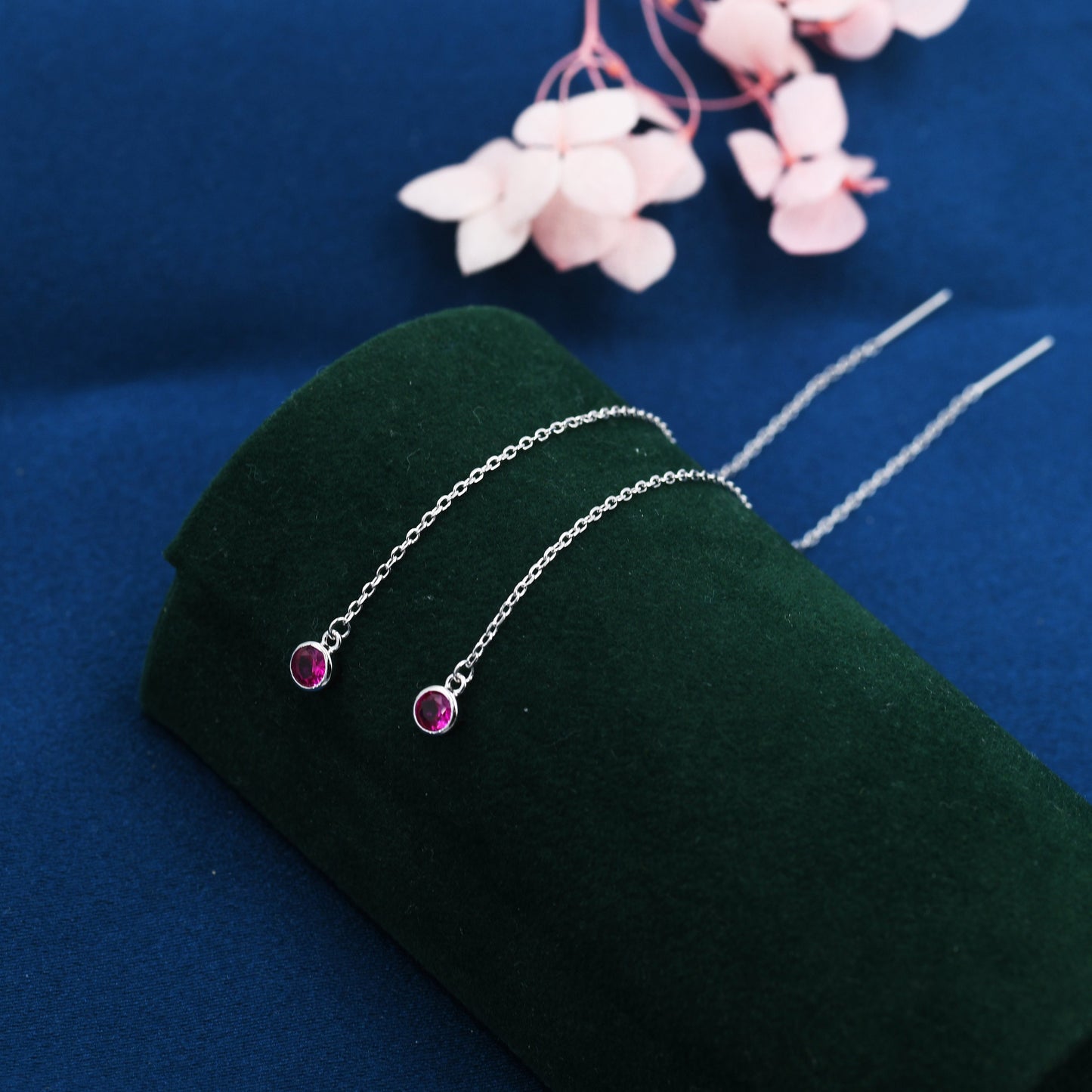 Ruby Pink CZ Dot Threader Earrings in Sterling Silver, Silver or Gold, Minimalist Double Piercing Ear Threaders, July Birthstone, Hot Pink