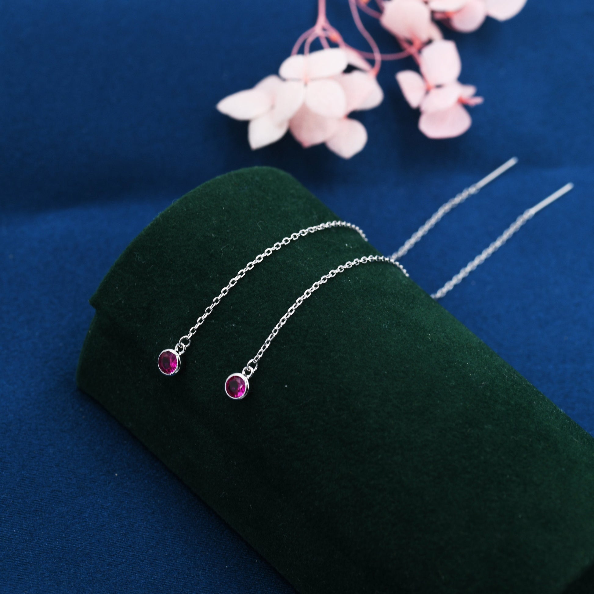 Ruby Pink CZ Dot Threader Earrings in Sterling Silver, Silver or Gold, Minimalist Double Piercing Ear Threaders, July Birthstone, Hot Pink