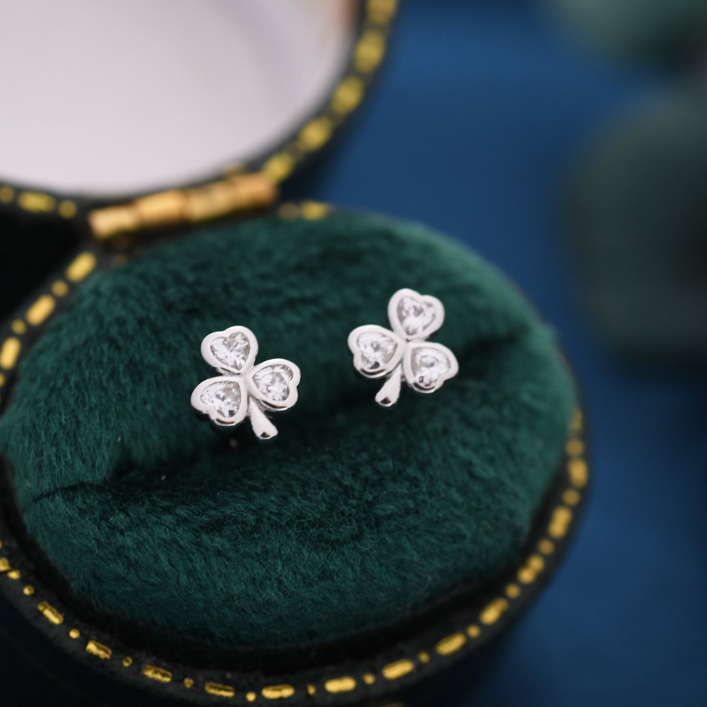 CZ Shamrock Tiny Stud Earrings in Sterling Silver,  Clover Earrings, Irish Earrings, Silver or Gold Flower Earrings