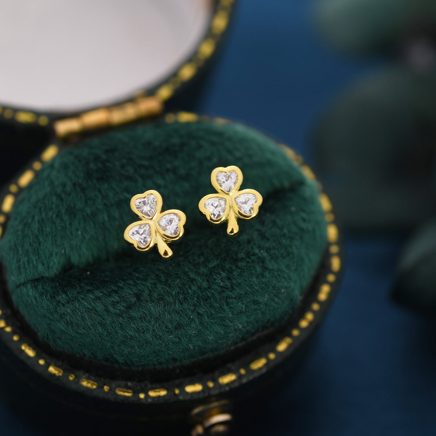 CZ Shamrock Tiny Stud Earrings in Sterling Silver,  Clover Earrings, Irish Earrings, Silver or Gold Flower Earrings