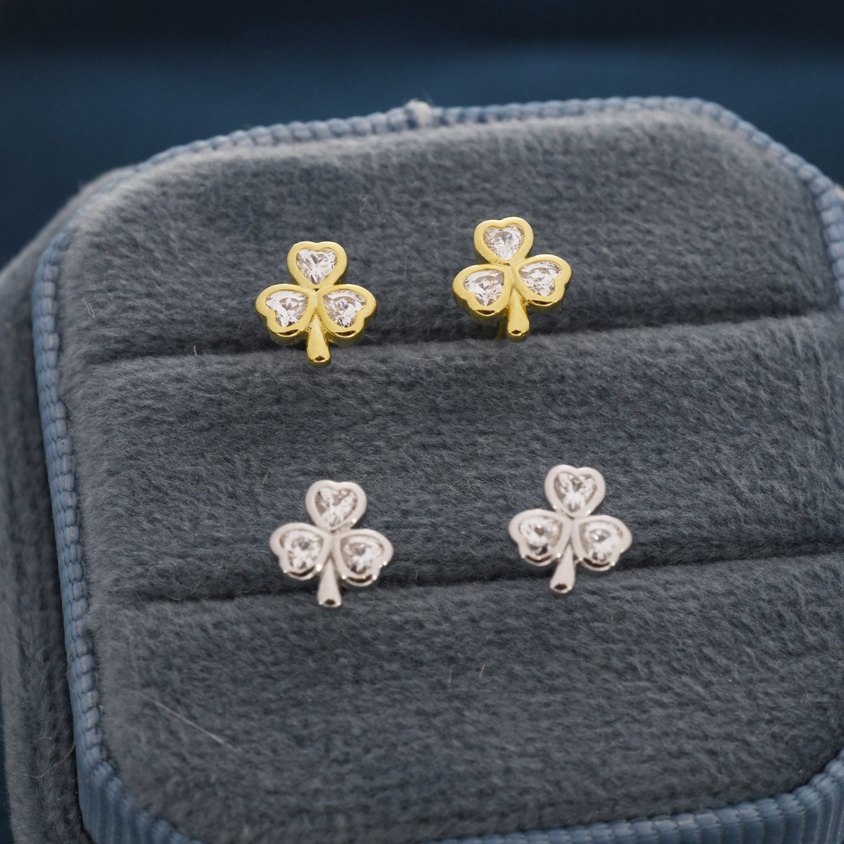 CZ Shamrock Tiny Stud Earrings in Sterling Silver, Clover Earrings, Irish Earrings, Silver or Gold Flower Earrings