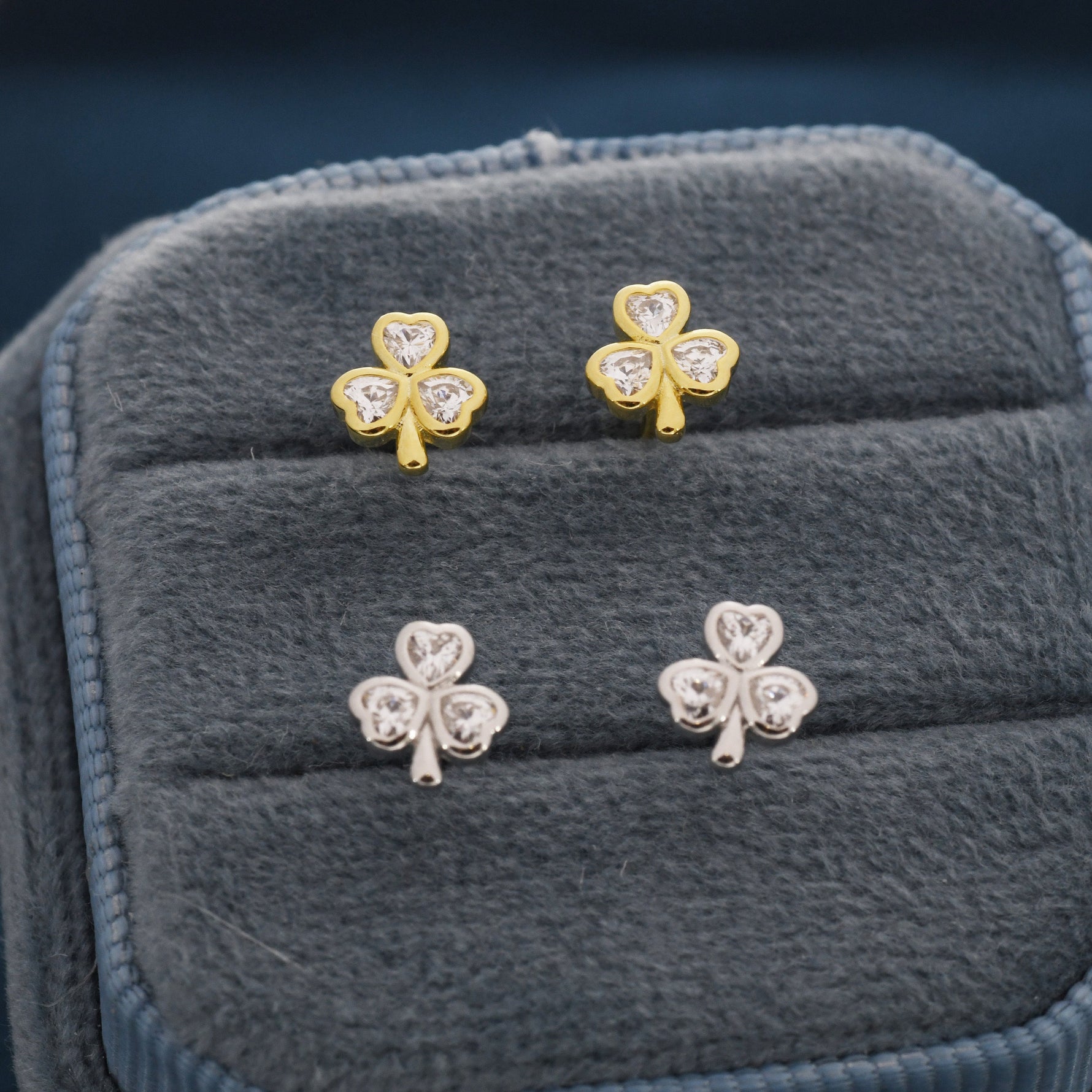 CZ Shamrock Tiny Stud Earrings in Sterling Silver, Clover Earrings, Irish Earrings, Silver or Gold Flower Earrings