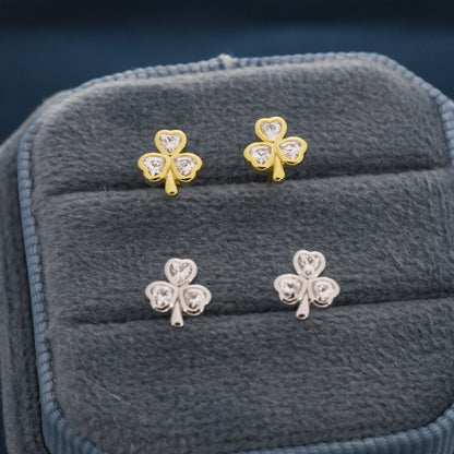 CZ Shamrock Tiny Stud Earrings in Sterling Silver,  Clover Earrings, Irish Earrings, Silver or Gold Flower Earrings