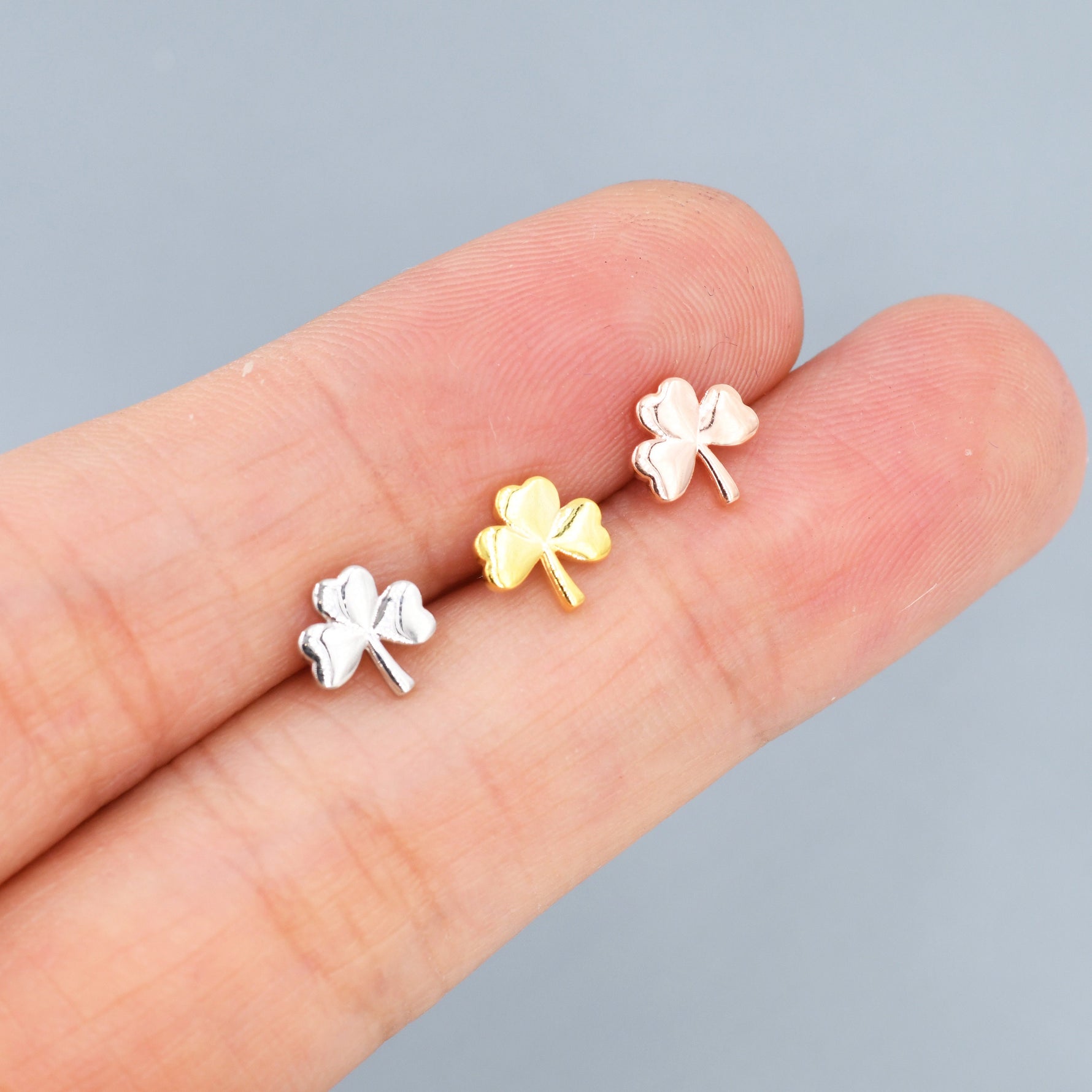 Shamrock Stud Earrings in Sterling Silver, Three Leaf Clover Earrings, Irish Earrings, Silver Gold or Rose Gold