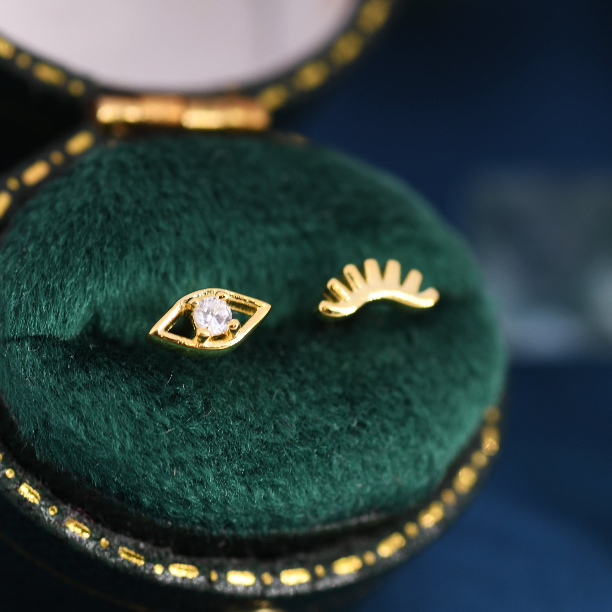 Mismatched Tiny Winking Eyes Stud Earrings in Sterling Silver, Eye Earrings, Stacking Earrings, Silver or Gold Finish, Eye Stud