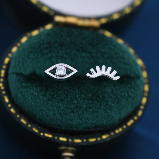 Mismatched Tiny Winking Eyes Stud Earrings in Sterling Silver, Eye Earrings, Stacking Earrings, Silver or Gold Finish, Eye Stud