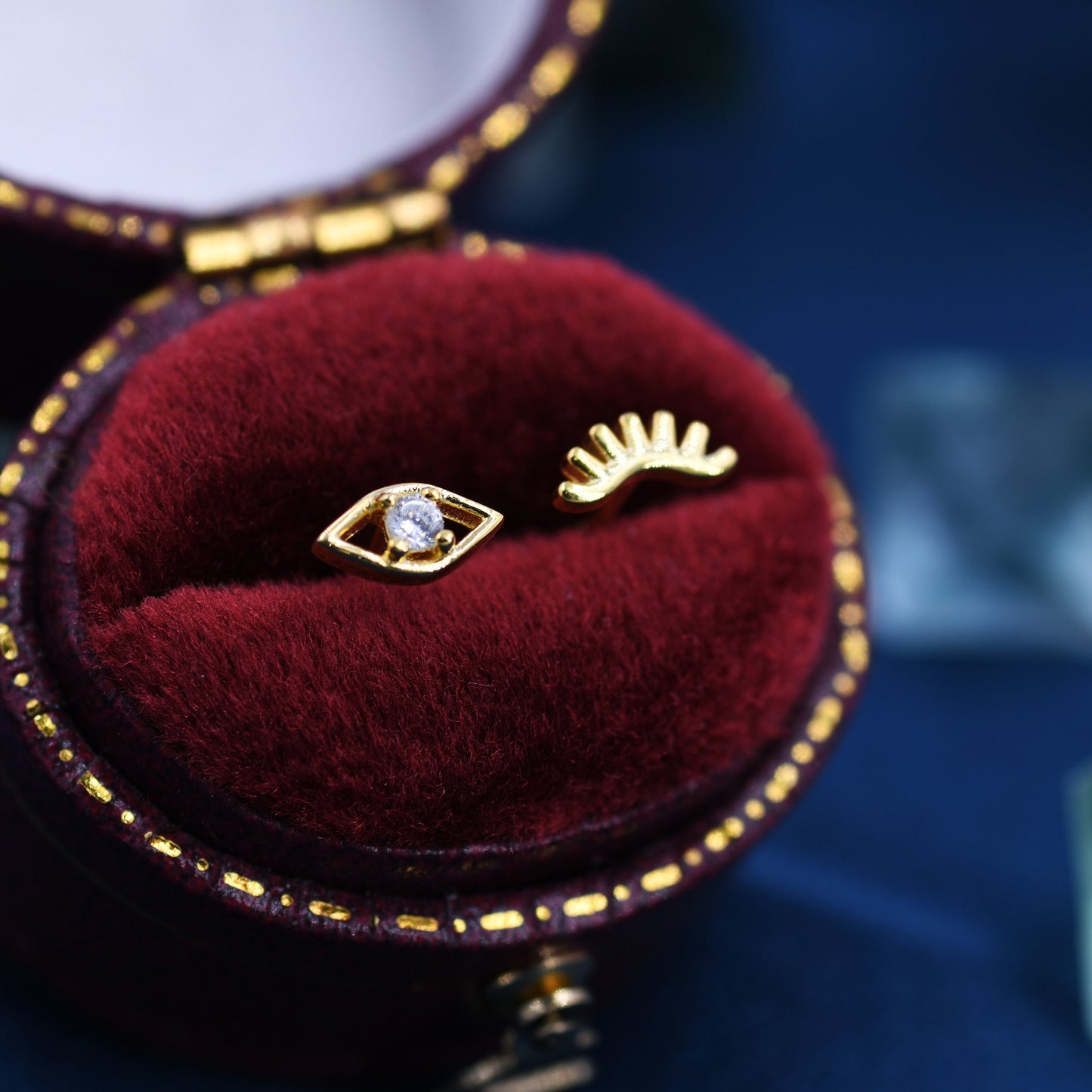 Mismatched Tiny Winking Eyes Stud Earrings in Sterling Silver, Eye Earrings, Stacking Earrings, Silver or Gold Finish, Eye Stud