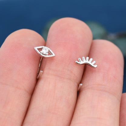 Mismatched Tiny Winking Eyes Huggie Hoop Earrings in Sterling Silver, Eye Earrings, Silver or Gold, C Shape Threader Hoops