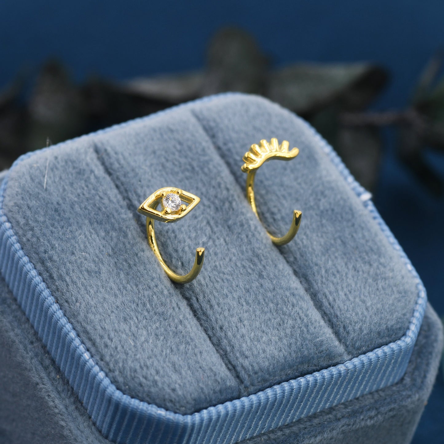 Mismatched Tiny Winking Eyes Huggie Hoop Earrings in Sterling Silver, Eye Earrings, Silver or Gold, C Shape Threader Hoops