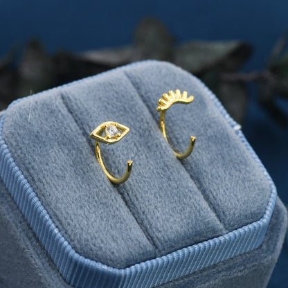 Mismatched Tiny Winking Eyes Huggie Hoop Earrings in Sterling Silver, Eye Earrings, Silver or Gold, C Shape Threader Hoops