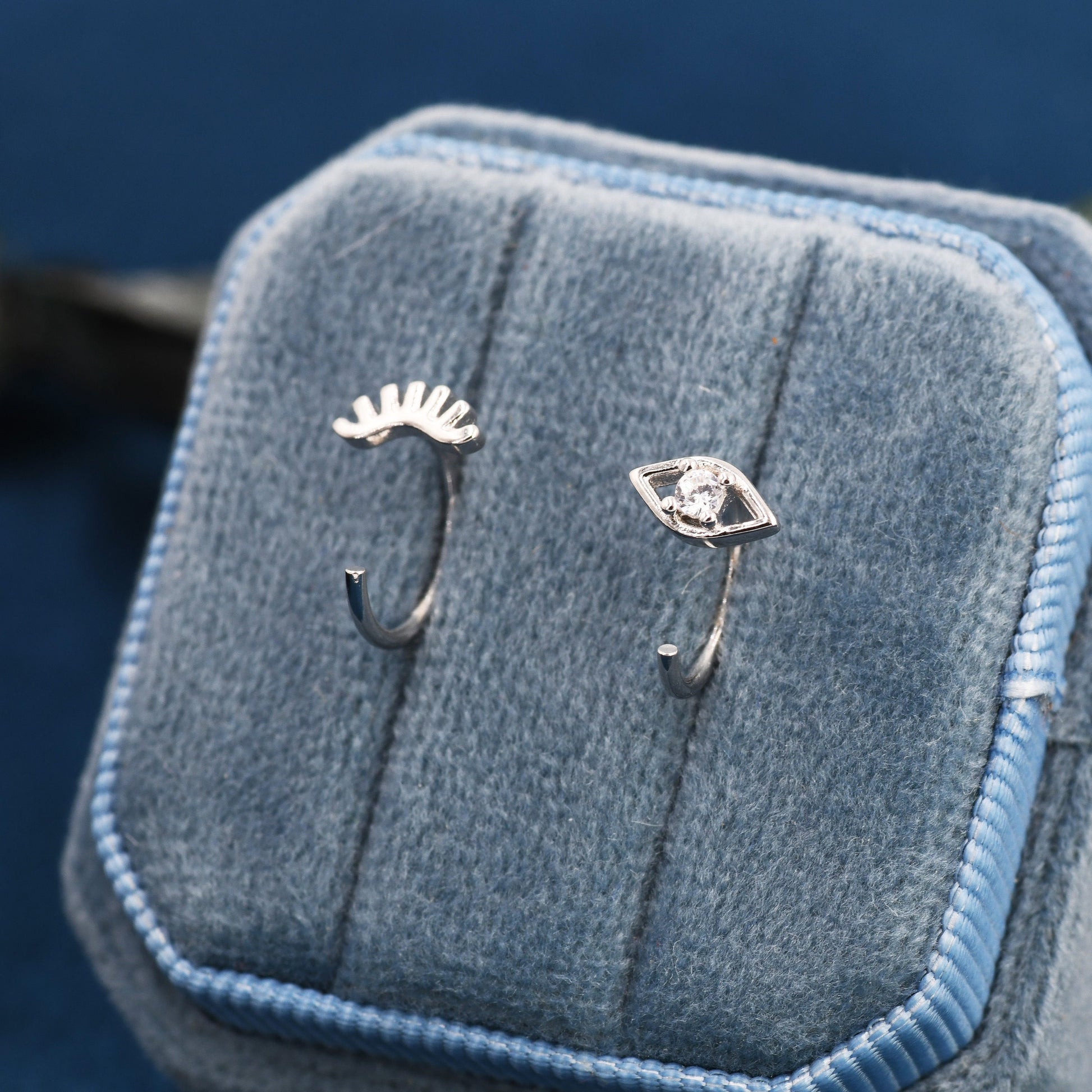 Mismatched Tiny Winking Eyes Huggie Hoop Earrings in Sterling Silver, Eye Earrings, Silver or Gold, C Shape Threader Hoops