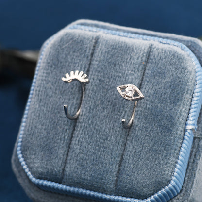 Mismatched Tiny Winking Eyes Huggie Hoop Earrings in Sterling Silver, Eye Earrings, Silver or Gold, C Shape Threader Hoops