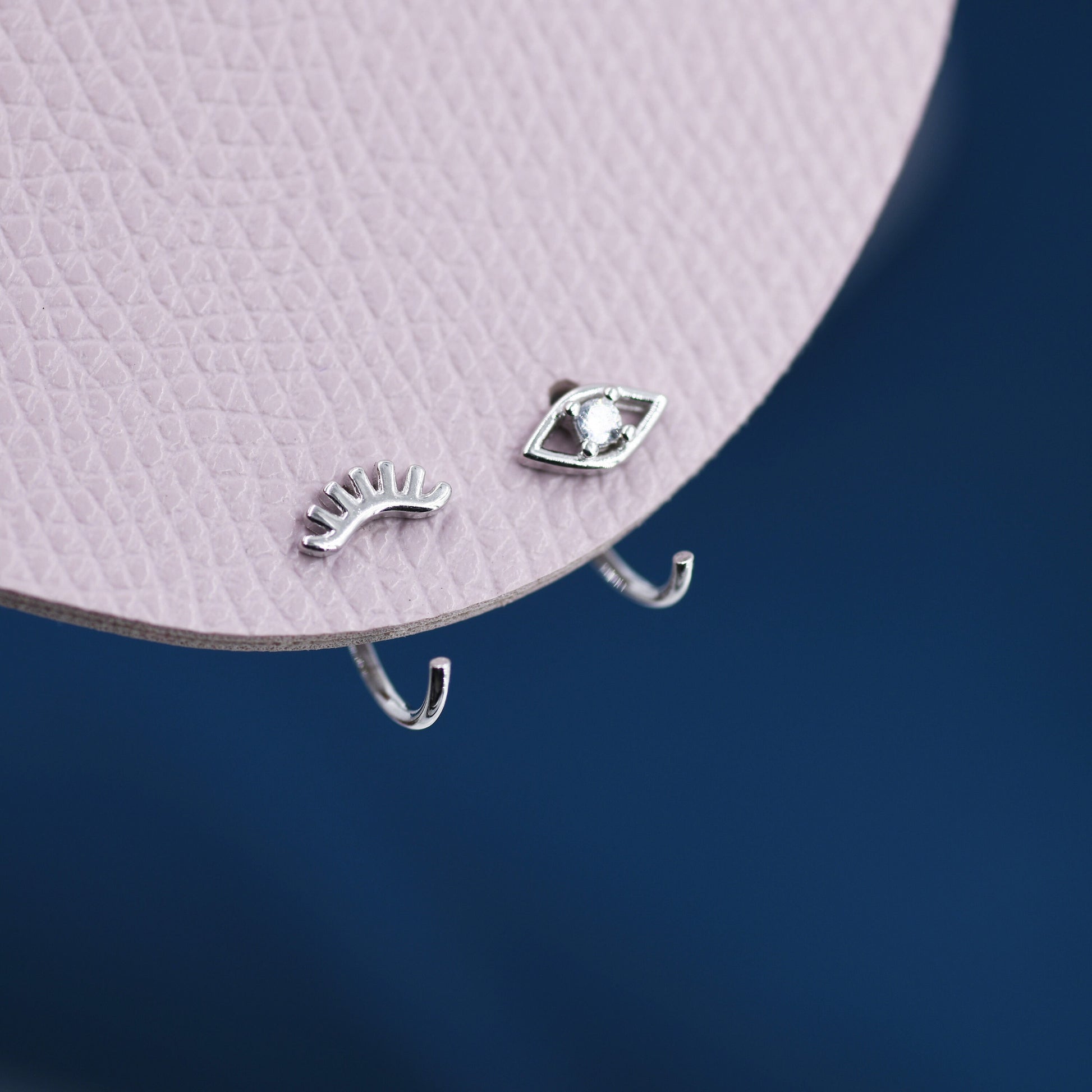 Mismatched Tiny Winking Eyes Huggie Hoop Earrings in Sterling Silver, Eye Earrings, Silver or Gold, C Shape Threader Hoops