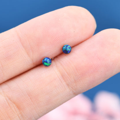 Peacock Blue Opal Stud Earrings in Sterling Silver - Blue Opal Stud, 3mm Opal Ball Stud Earrings, Extra Tiny Opal Stud