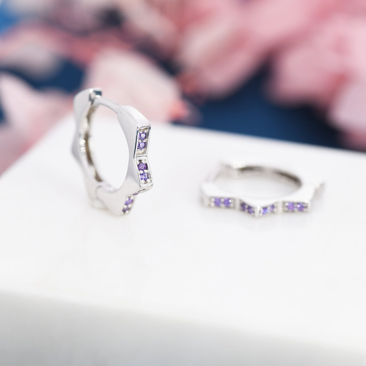 CZ Amethyst Flower Huggie Hoops, CZ Hoop Earrings, Crystal Sunburst Huggie Earrings, Purple Crystal Hoop Earrings, February Birthstone