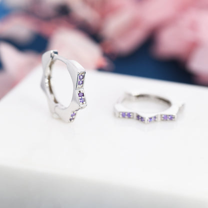CZ Amethyst Flower Huggie Hoops, CZ Hoop Earrings, Crystal Sunburst Huggie Earrings, Purple Crystal Hoop Earrings, February Birthstone