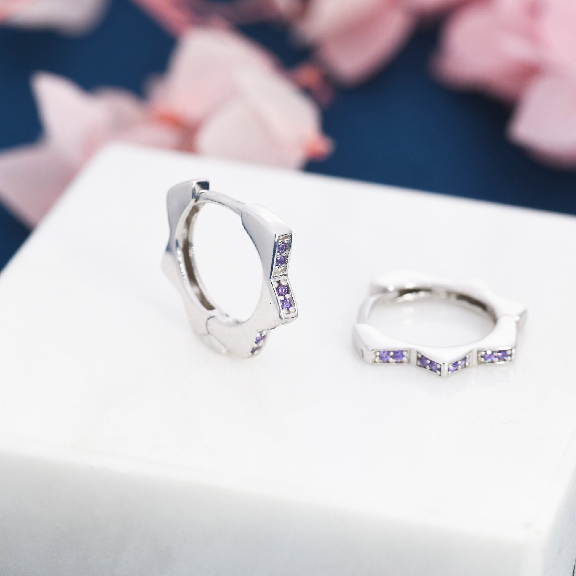 CZ Amethyst Flower Huggie Hoops, CZ Hoop Earrings, Crystal Sunburst Huggie Earrings, Purple Crystal Hoop Earrings, February Birthstone