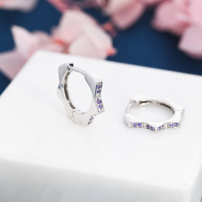 CZ Amethyst Flower Huggie Hoops, CZ Hoop Earrings, Crystal Sunburst Huggie Earrings, Purple Crystal Hoop Earrings, February Birthstone