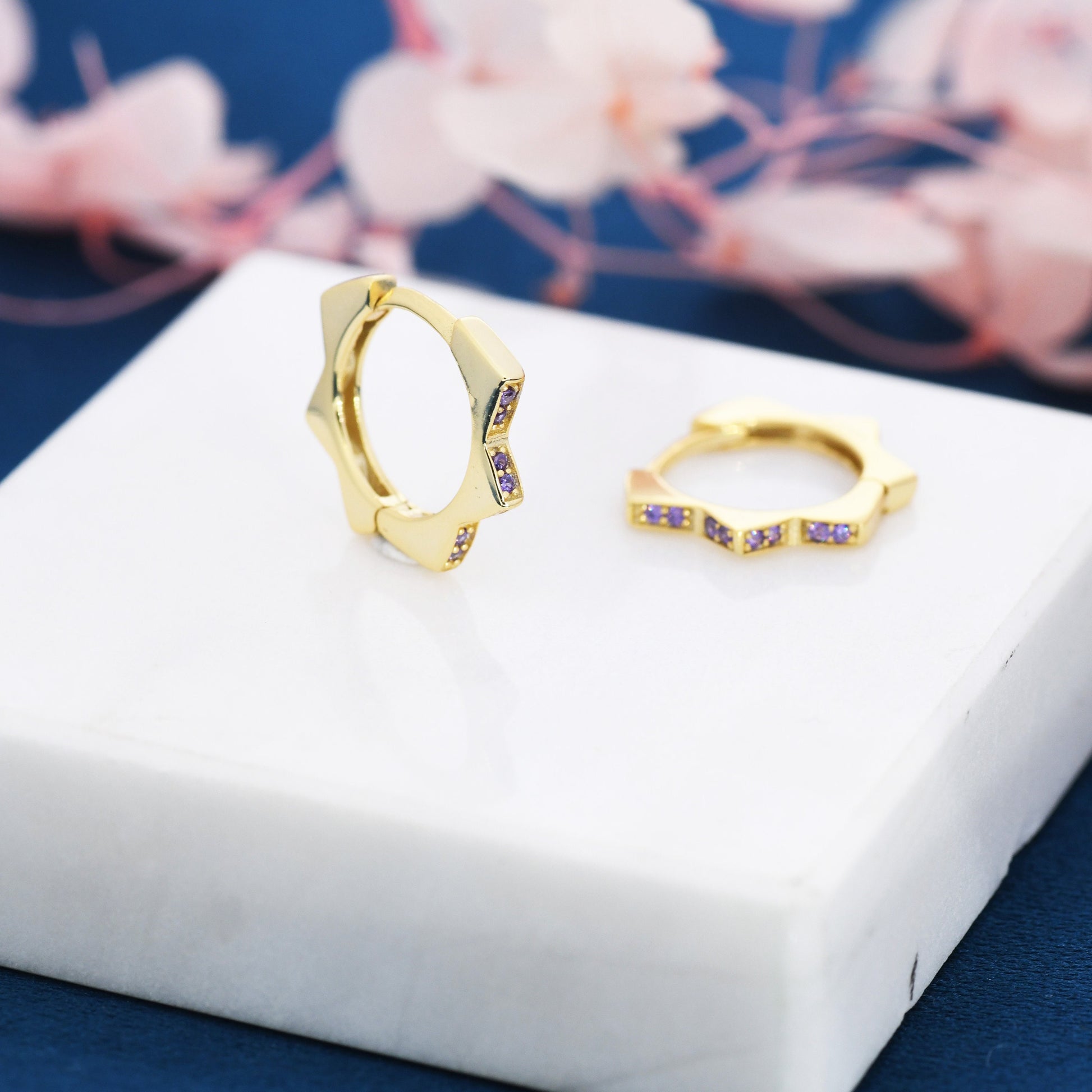 CZ Amethyst Flower Huggie Hoops, CZ Hoop Earrings, Crystal Sunburst Huggie Earrings, Purple Crystal Hoop Earrings, February Birthstone