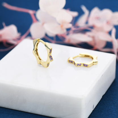 CZ Amethyst Flower Huggie Hoops, CZ Hoop Earrings, Crystal Sunburst Huggie Earrings, Purple Crystal Hoop Earrings, February Birthstone