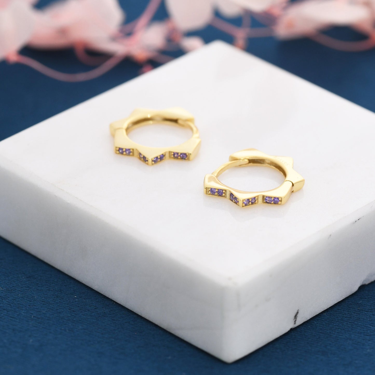 CZ Amethyst Flower Huggie Hoops, CZ Hoop Earrings, Crystal Sunburst Huggie Earrings, Purple Crystal Hoop Earrings, February Birthstone