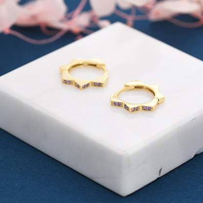 CZ Amethyst Flower Huggie Hoops, CZ Hoop Earrings, Crystal Sunburst Huggie Earrings, Purple Crystal Hoop Earrings, February Birthstone