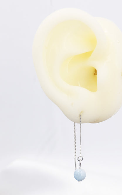 Natural Aquarmarine Beads Threader Earrings in Sterling Silver, Genuine Aquamarine Crystal Ear Threaders