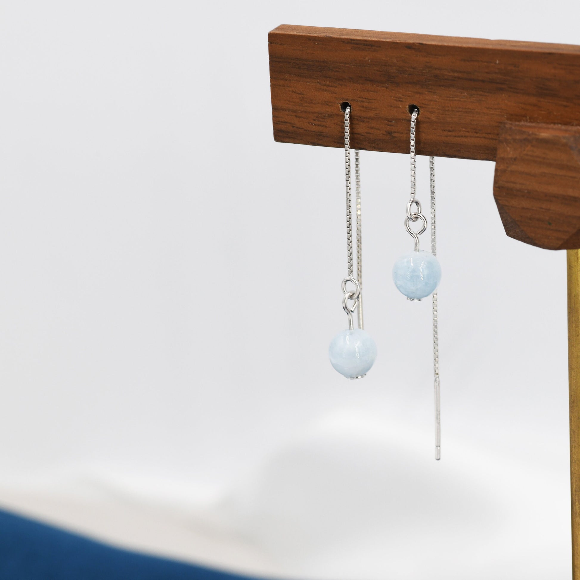 Natural Aquarmarine Beads Threader Earrings in Sterling Silver, Genuine Aquamarine Crystal Ear Threaders