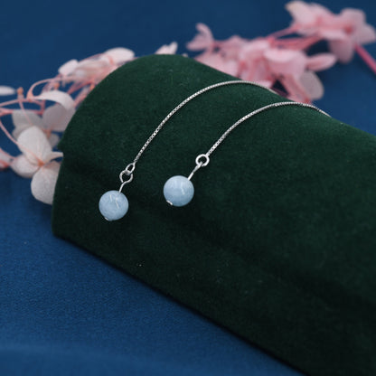 Natural Aquarmarine Beads Threader Earrings in Sterling Silver, Genuine Aquamarine Crystal Ear Threaders