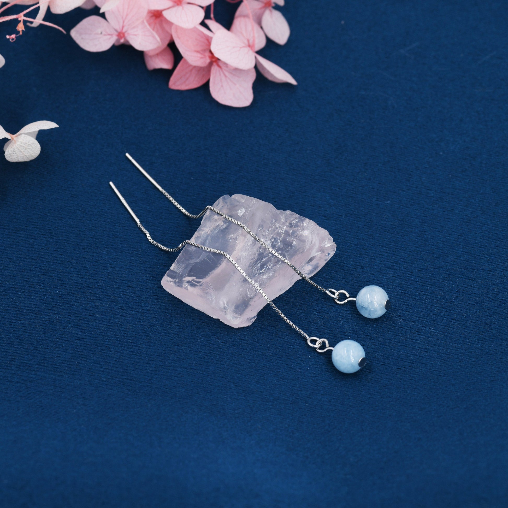 Natural Aquarmarine Beads Threader Earrings in Sterling Silver, Genuine Aquamarine Crystal Ear Threaders