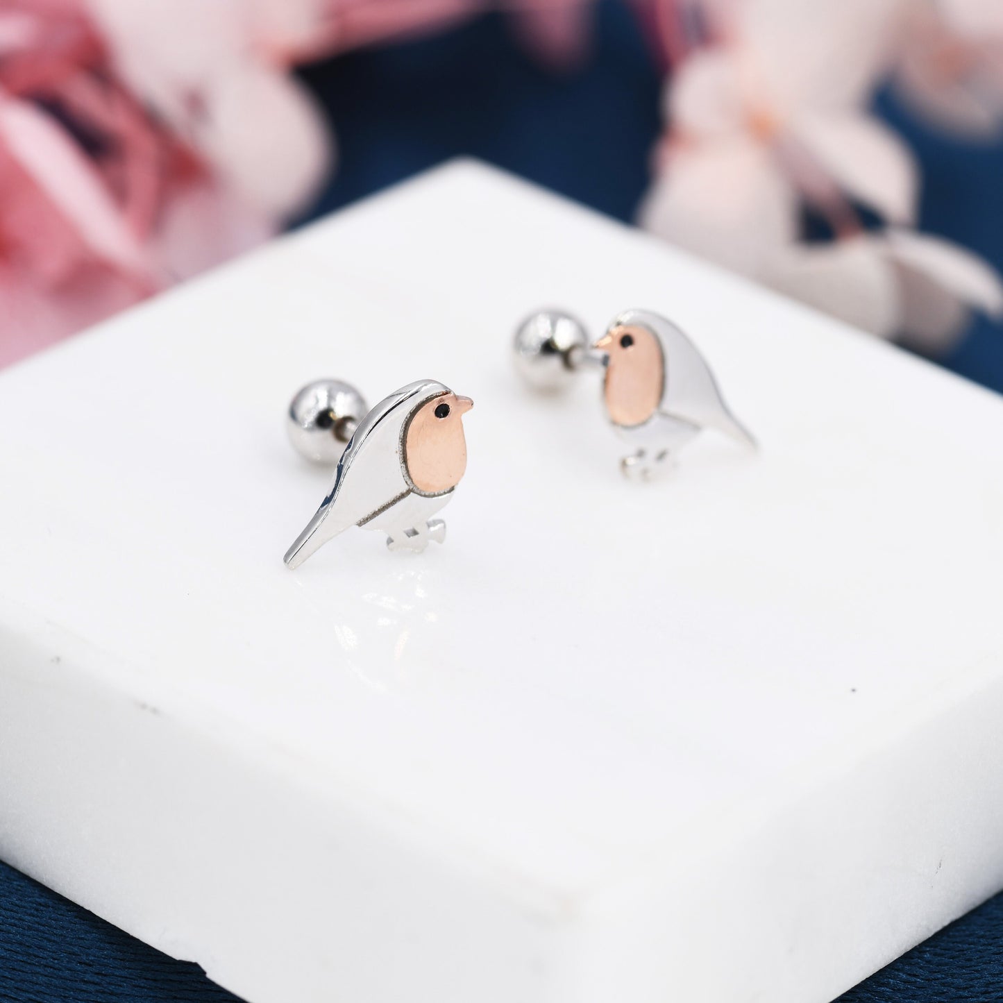 Extra Tiny Robin Screw back Earrings in Sterling Silver, Extra Tiny, Silver Robin Bird Cuff Earrings, Silver and Rose Gold, Nature Inspired