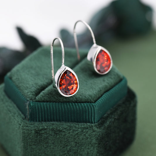 Sterling Silver Garnet Red Droplet Drop Earrings in Sterling Silver, Silver or Gold, Chunky Pear Shape Hook Earrings