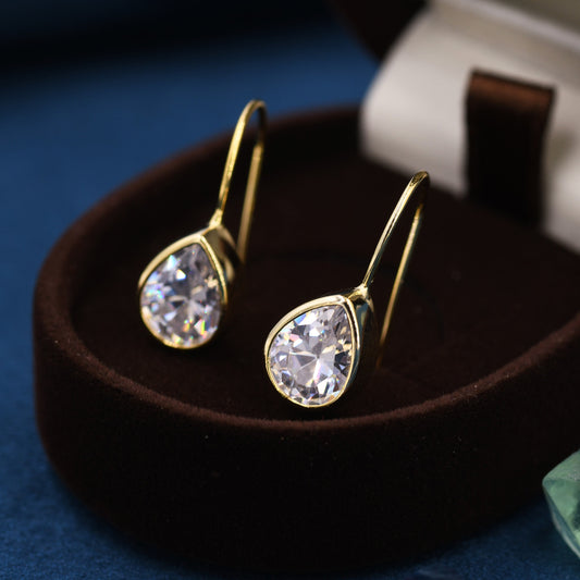 Sterling Silver CZ Droplet Drop Earrings in Sterling Silver, Silver or Gold, Chunky Pear Shape Hook Earrings