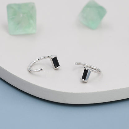 Black Baguette Cut CZ Huggie Hoop Earrings in Sterling Silver, Silver or Gold, Open Hoops, Pull-Through Threader Earrings,