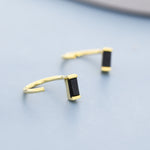 Black Baguette Cut CZ Huggie Hoop Earrings in Sterling Silver, Silver or Gold, Open Hoops, Pull-Through Threader Earrings,