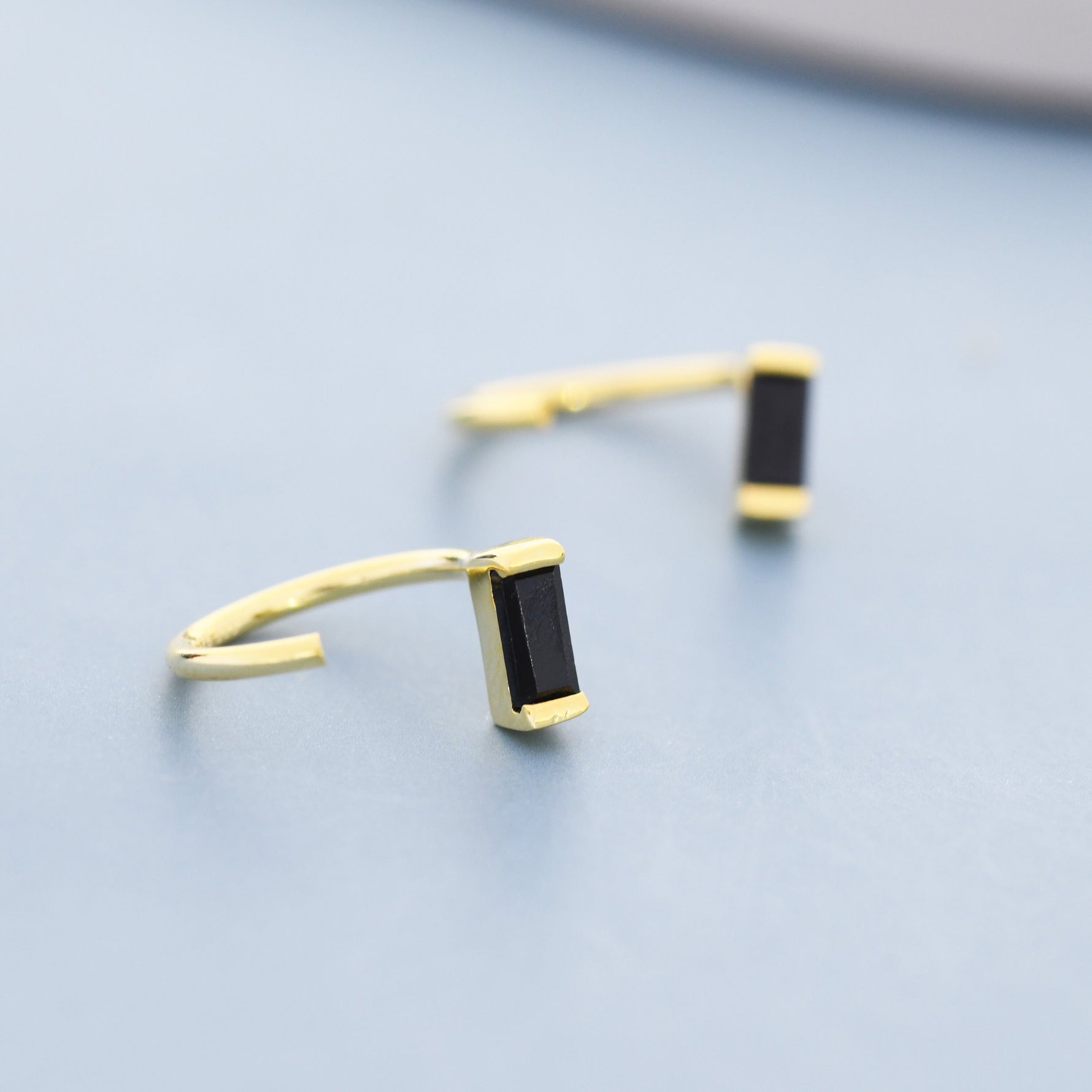Black Baguette Cut CZ Huggie Hoop Earrings in Sterling Silver, Silver or Gold, Open Hoops, Pull-Through Threader Earrings,