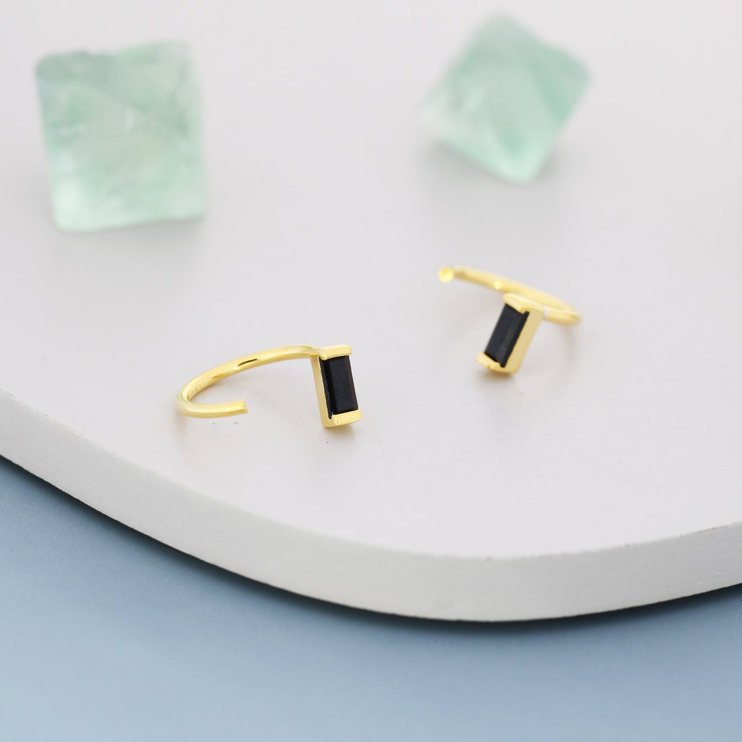 Black Baguette Cut CZ Huggie Hoop Earrings in Sterling Silver, Silver or Gold, Open Hoops, Pull-Through Threader Earrings,