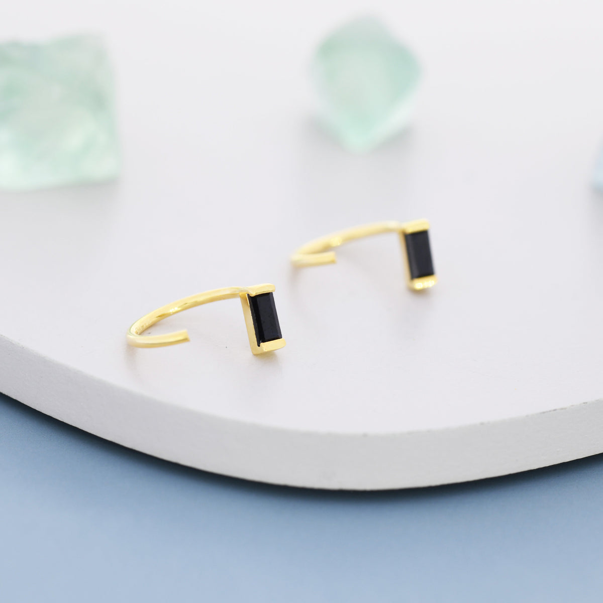 Black Baguette Cut CZ Huggie Hoop Earrings in Sterling Silver, Silver or Gold, Open Hoops, Pull-Through Threader Earrings,